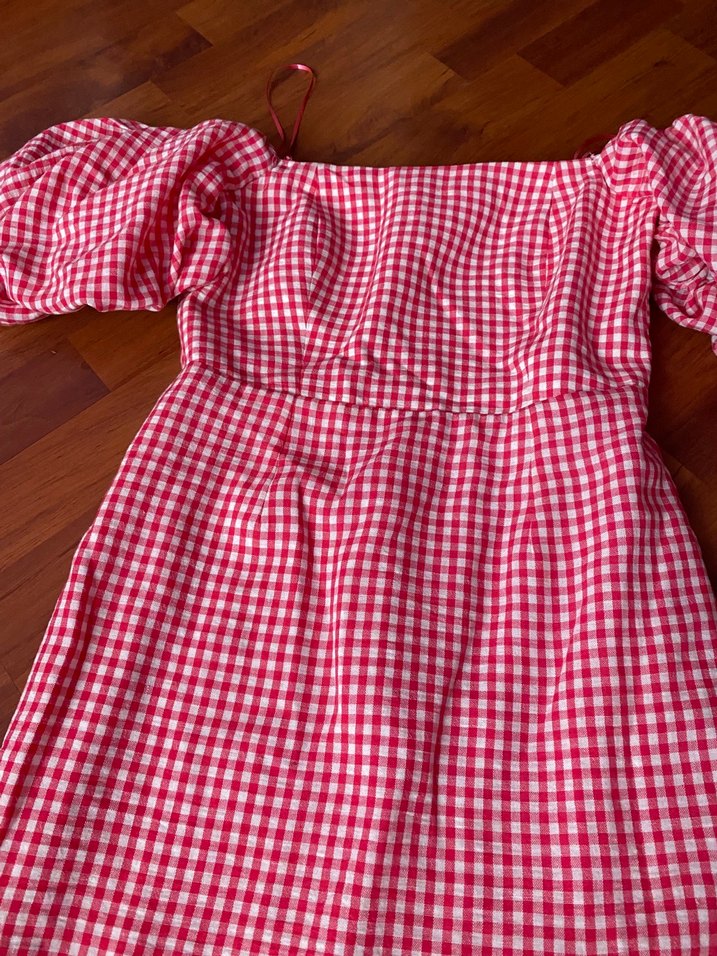 Kırmızı Kareli Mini Elbise Fırfırlı - Görsel 3