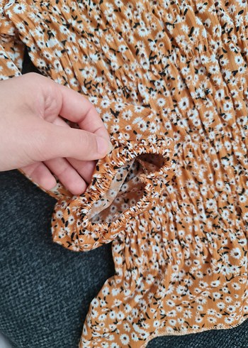 s Beden Bohem Tarz Mini Bluz, Uzun Kollu, Kahverengi çiçekli
