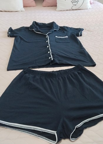l Beden Kadın Kısa Kollu Lacivert Mini Pijama Takımı