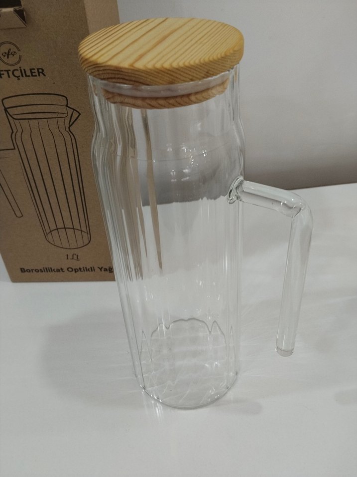 Bej Kapaklı Cam sürahi, yağdanlık - Görsel 3