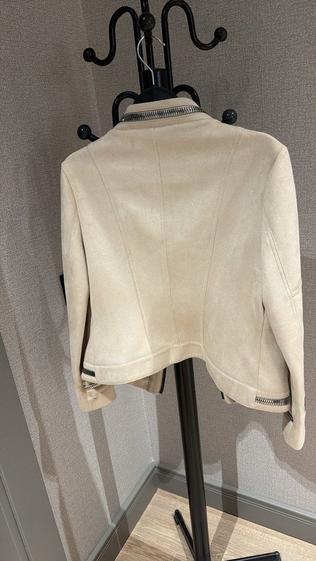 Bej Süet Kısa Kadın Deri Ceket - Görsel 2