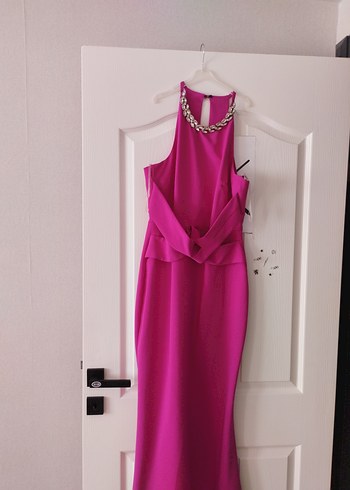 Pembe V Yaka Drapeli Uzun Abiye Elbise - Görsel 4