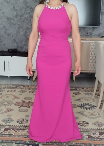 Pembe V Yaka Drapeli Uzun Abiye Elbise - Görsel 2