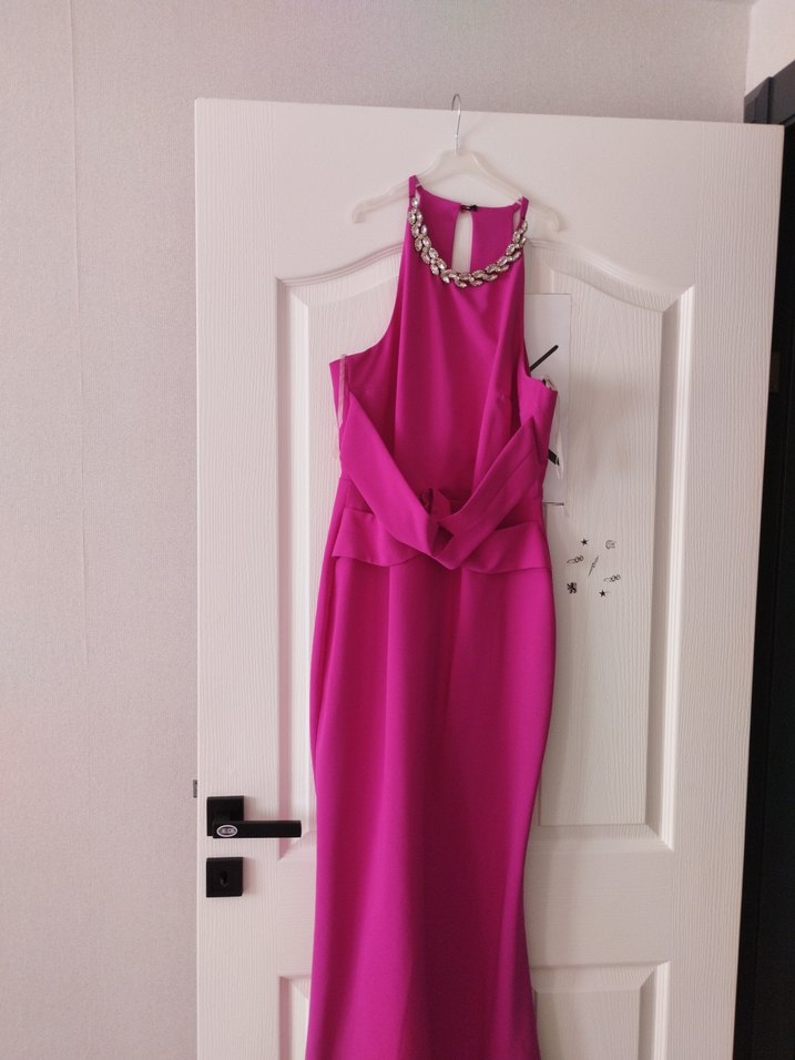 Pembe V Yaka Drapeli Uzun Abiye Elbise - Görsel 4