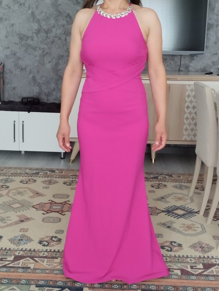 Pembe V Yaka Drapeli Uzun Abiye Elbise - Görsel 2