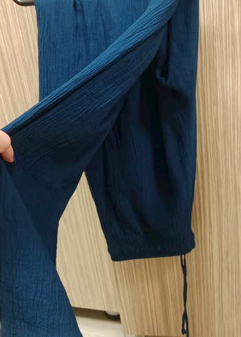 Lacivert Kadın Keten Bol Paça Pantolon - Görsel 4