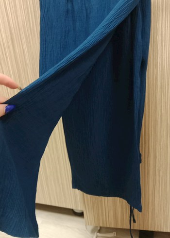 Lacivert Kadın Keten Bol Paça Pantolon - Görsel 5