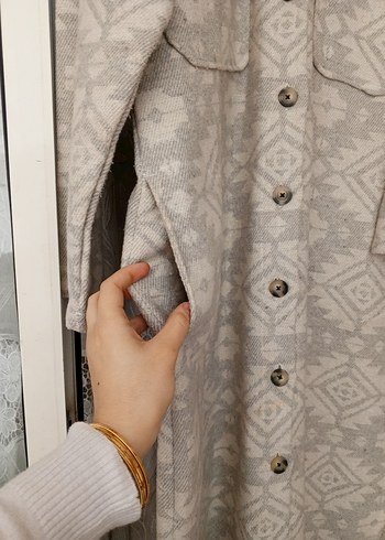 Uzun Gri Bohem Düğmeli Kadın Gömlek - Görsel 3