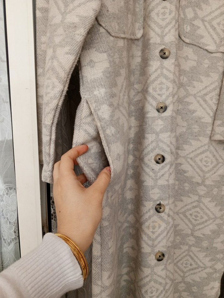 Uzun Gri Bohem Düğmeli Kadın Gömlek - Görsel 3