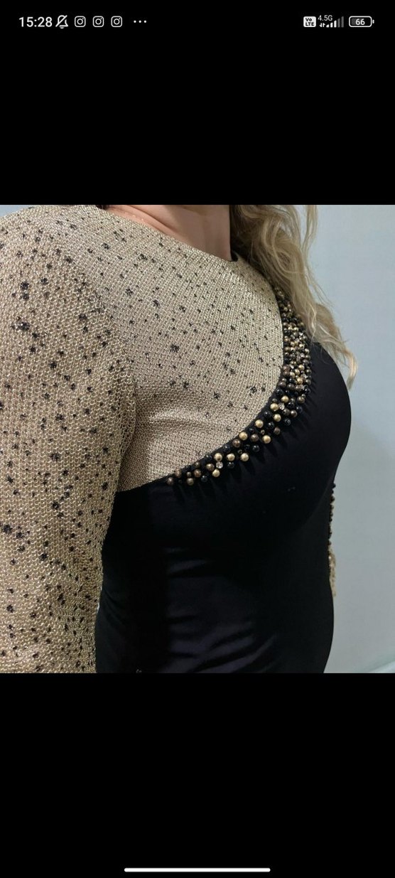 Siyah-Gold Uzun Kollu Abiye Elbise - Görsel 2