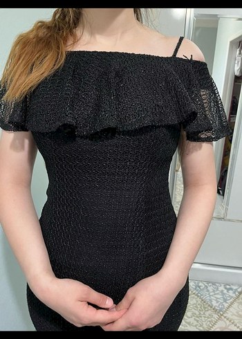 Siyah Uzun Askı Detaylı Kadın Abiye Elbise - Görsel 5