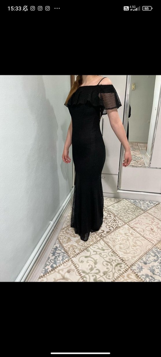 Siyah Uzun Askı Detaylı Kadın Abiye Elbise - Görsel 3