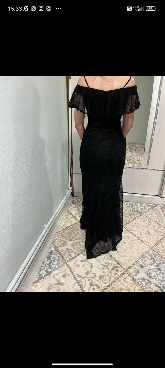 Siyah Uzun Askı Detaylı Kadın Abiye Elbise - Görsel 2