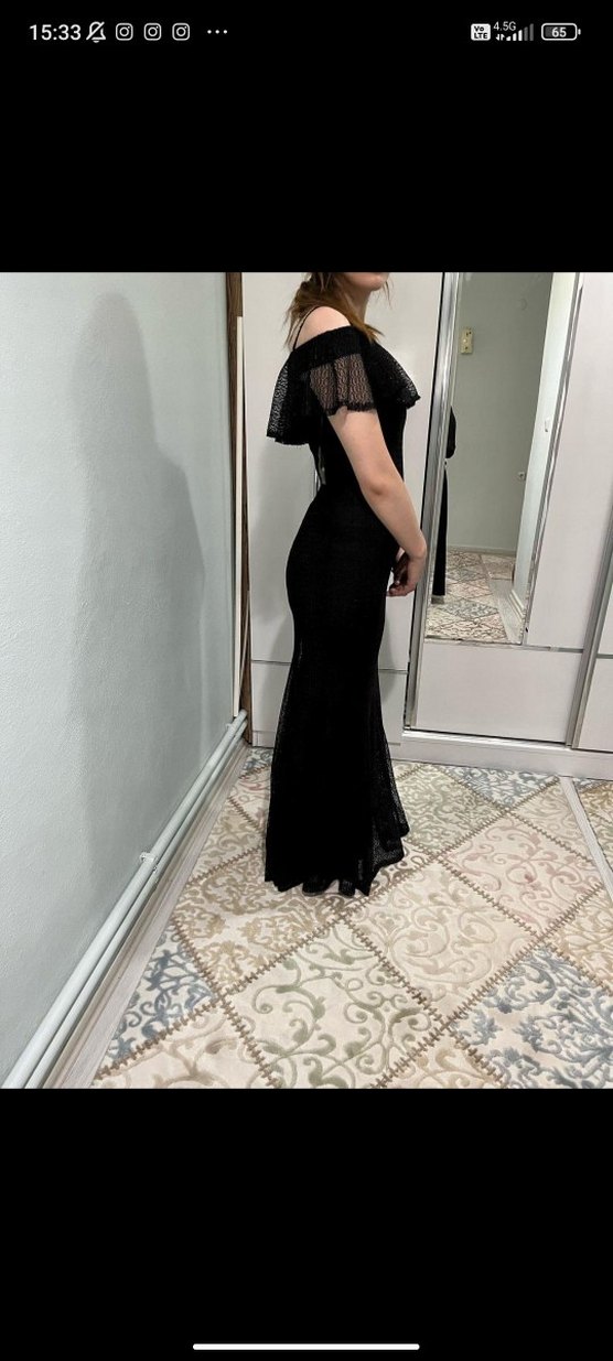 Siyah Uzun Askı Detaylı Kadın Abiye Elbise - Görsel 4