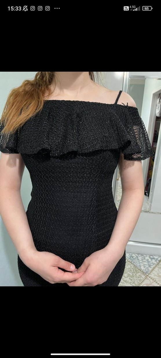 Siyah Uzun Askı Detaylı Kadın Abiye Elbise - Görsel 5