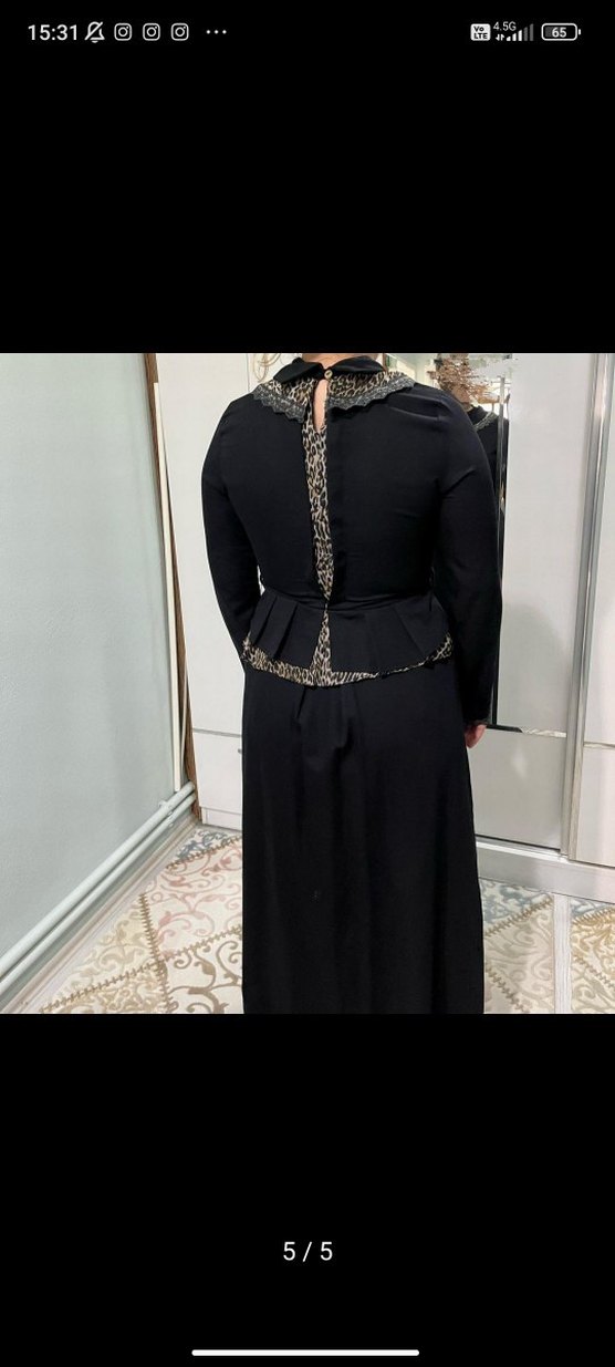 Uzun Siyah Leopar Detaylı Tesettür Kadın Elbise - Görsel 5