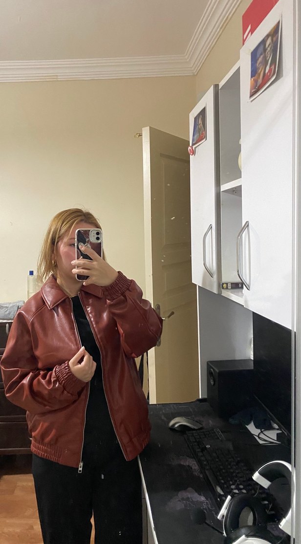 Zara suni deri bomber ceket - Görsel 3