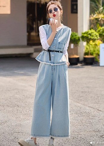 Kadın Mavi Pastel Denim Yelek & Kemerli Pantolon Takım (TEMU)