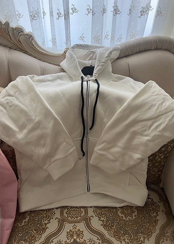 Kadın Beyaz Fermuarlı Sweatshirt - Görsel 4