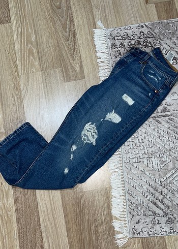 Düğmeli, Bol Kesim Mavi Denim Kadın Jean - Görsel 4