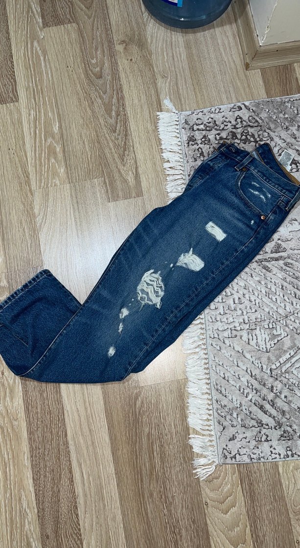 Düğmeli, Bol Kesim Mavi Denim Kadın Jean - Görsel 4