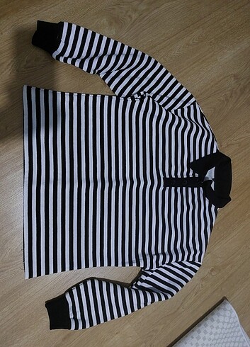 Siyah Çizgili Polo Yaka İçi Polarlı Oversize Sweatshirt - Görsel 2