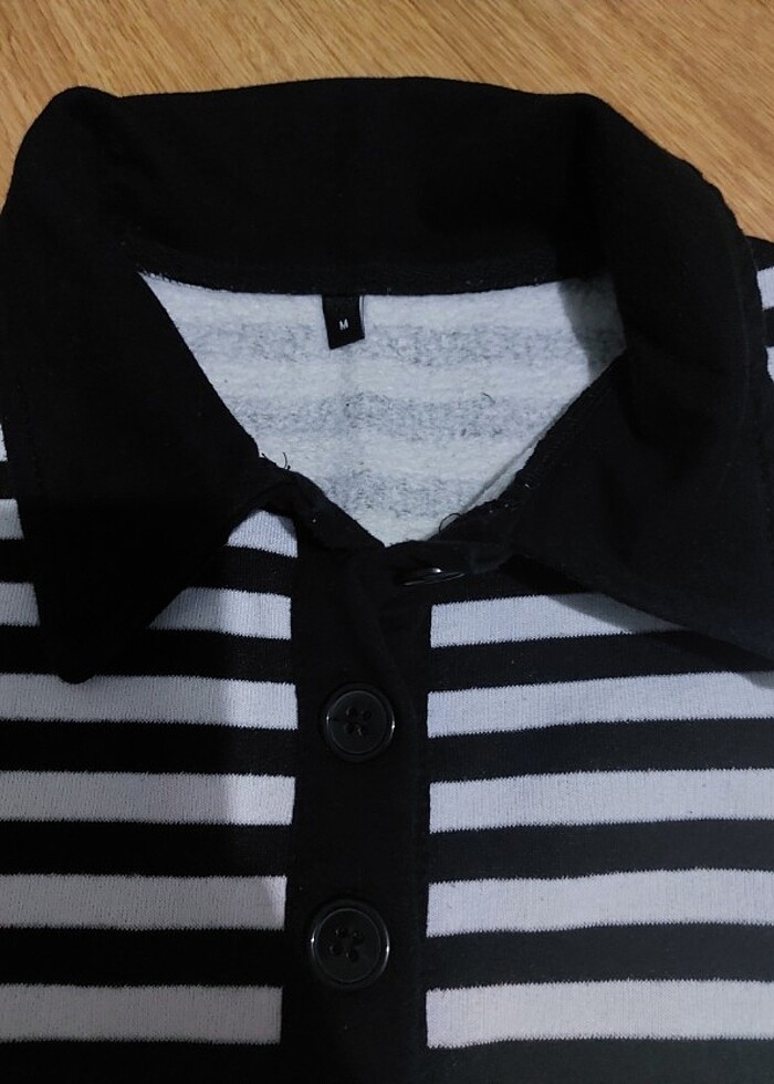 Siyah Çizgili Polo Yaka İçi Polarlı Oversize Sweatshirt - Görsel 3