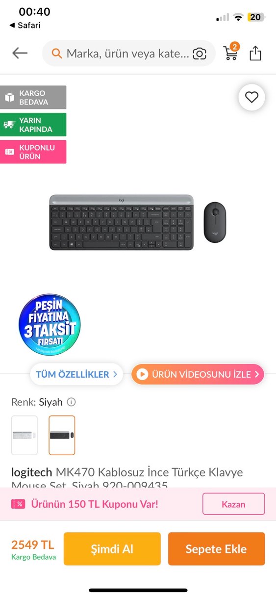 LOGİTECH KLAVYE MOUSE SETİ SIFIR (LOGİTECH SLİM COMBO MK470) - Görsel 3