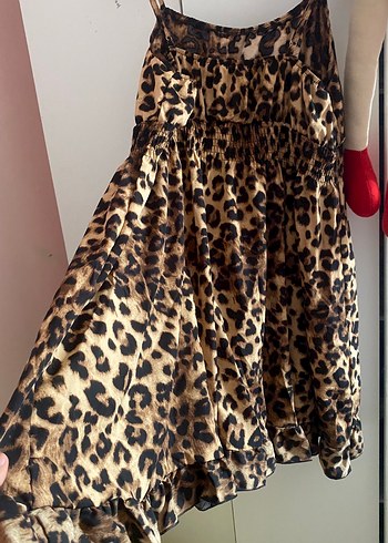 42 Beden kahverengi Renk Leopar Desenli Midi Askılı Elbise