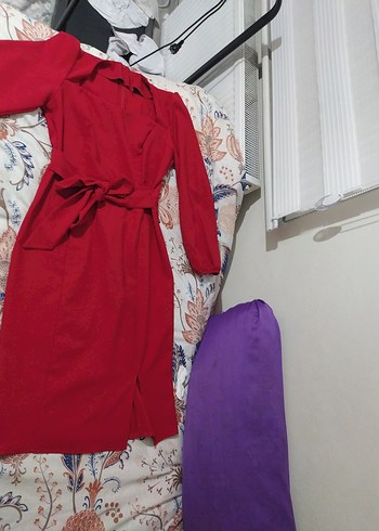 Kırmızı Uzun U Yaka Kadın Elbise - Görsel 5