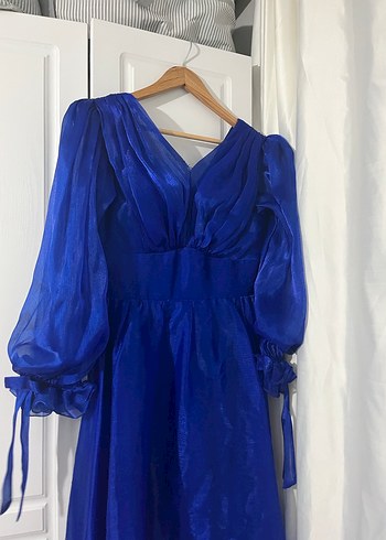 Uzun Lacivert V Yakalı Kadın Elbisesi - Görsel 3