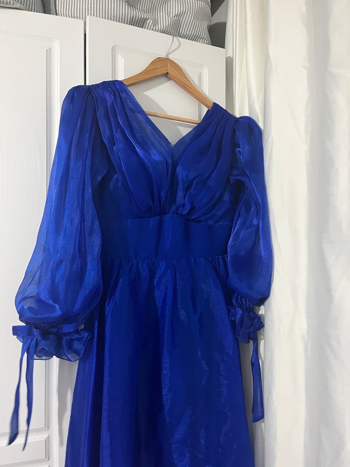 Uzun Lacivert V Yakalı Kadın Elbisesi - Görsel 3