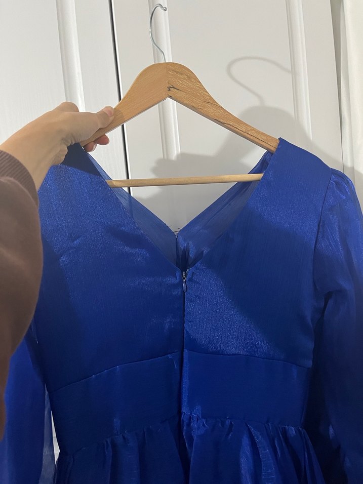 Uzun Lacivert V Yakalı Kadın Elbisesi - Görsel 4