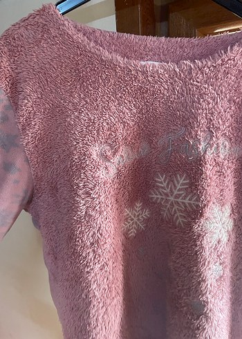 Pembe uzun kollu peluş pijama takımı - Görsel 3