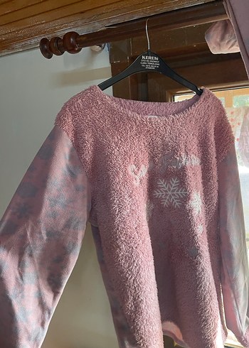 Pembe uzun kollu peluş pijama takımı - Görsel 2