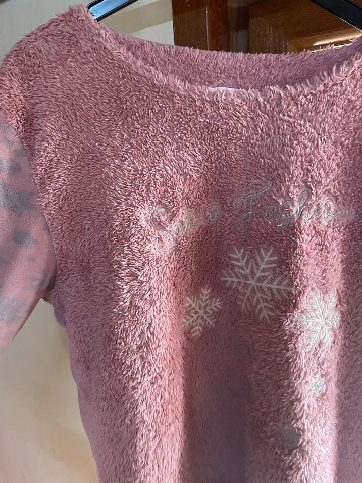 Pembe uzun kollu peluş pijama takımı - Görsel 3