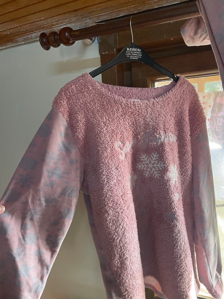 Pembe uzun kollu peluş pijama takımı - Görsel 2