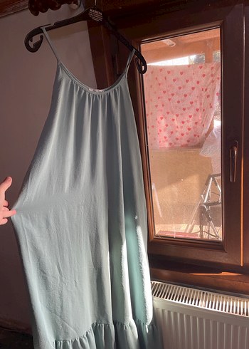 Gri Uzun Askılı Keten Elbise - Görsel 3