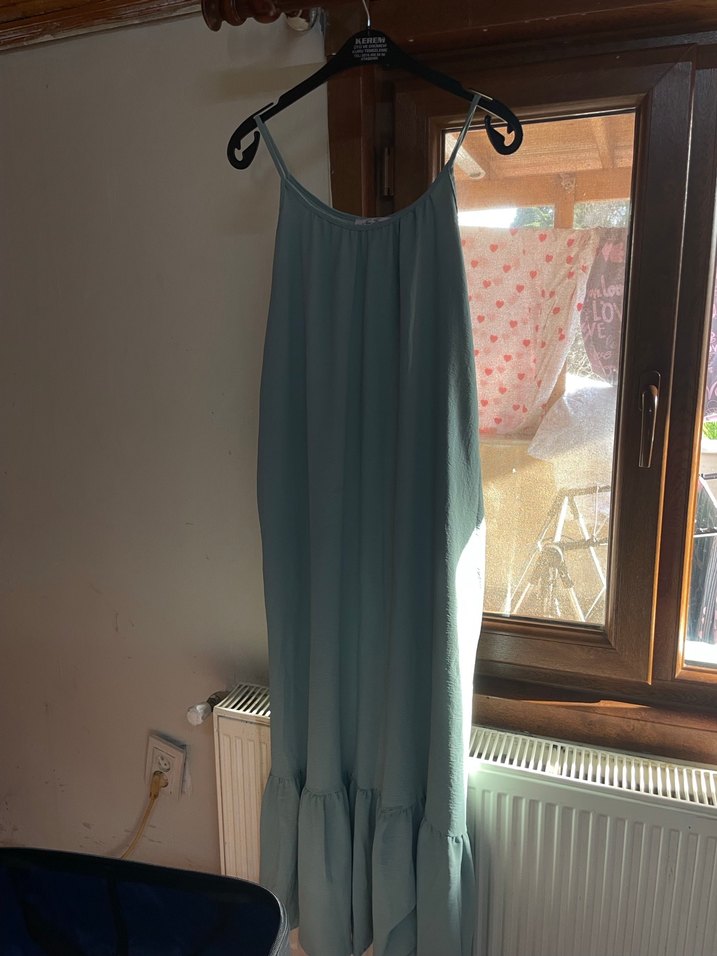 Gri Uzun Askılı Keten Elbise - Görsel 2