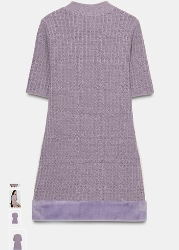 Mor Kısa Kollu Mini Triko kürk detaylı Elbise - Görsel 6