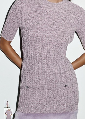 Mor Kısa Kollu Mini Triko kürk detaylı Elbise - Görsel 2