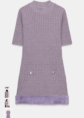 Mor Kısa Kollu Mini Triko kürk detaylı Elbise - Görsel 3