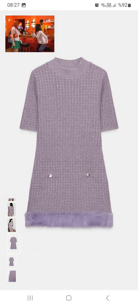 Mor Kısa Kollu Mini Triko kürk detaylı Elbise - Görsel 3