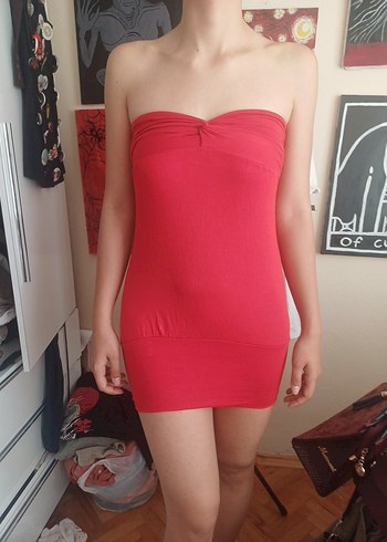 Kırmızı Straplez Mini Elbise