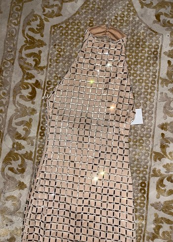 Bej İşlemeli Payetli Uzun Abiye Elbise - Görsel 4