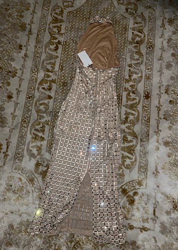 Bej İşlemeli Payetli Uzun Abiye Elbise - Görsel 5