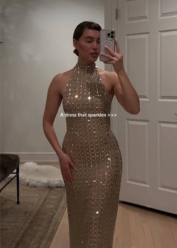 Bej İşlemeli Payetli Uzun Abiye Elbise - Görsel 2