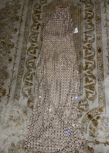 Bej İşlemeli Payetli Uzun Abiye Elbise - Görsel 3