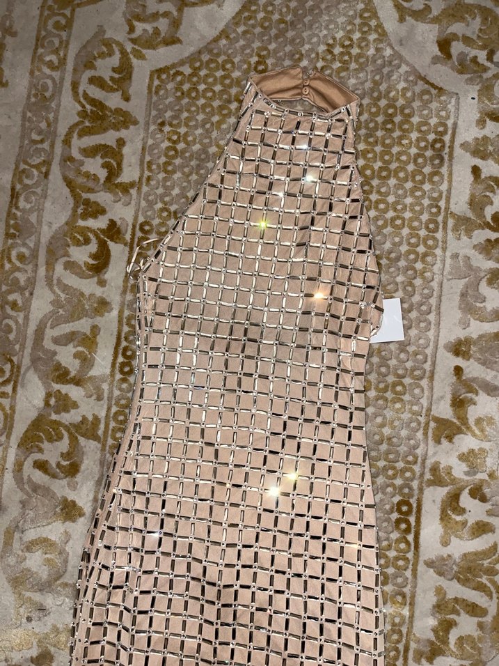 Bej İşlemeli Payetli Uzun Abiye Elbise - Görsel 4