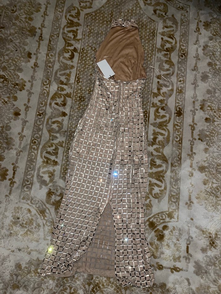 Bej İşlemeli Payetli Uzun Abiye Elbise - Görsel 5